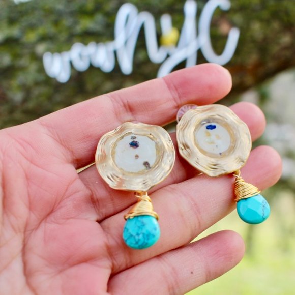 New Gold Crushed Shell Turquoise Drop Earrings - Picture 4 of 10